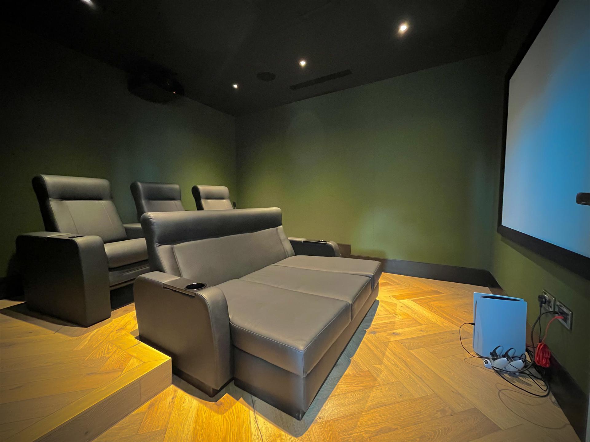 Home cinema room with olive green walls, Essex
